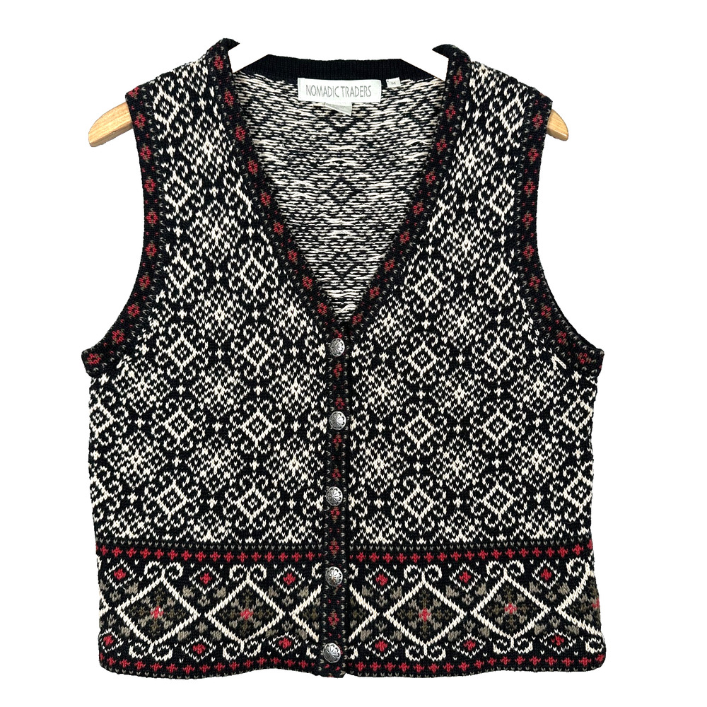 Nomadic Traders Sweater Vest Womens M Black White‎ Nordic Buttons Knit Snowflake